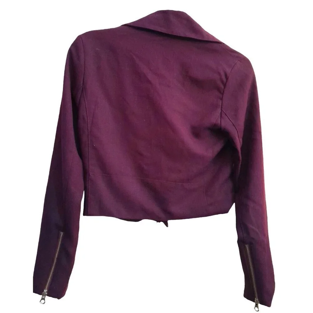 Womens Cropped Moto Streetwear Jacket Gold Zip Details Size Small Burgundy
